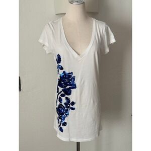 VTG Express Floral Sequin V-Neck White T Shirt Cotton Blend Boho Glam M